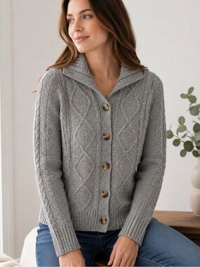 L.L. Bean Women's Gray Cable Knit Wool Cardigan S
